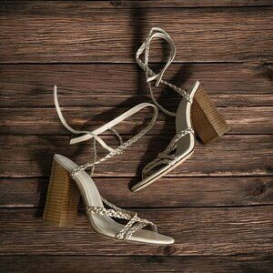 RAYE Gold Beige Braided Leather Laceup Heels Sandals Size 8